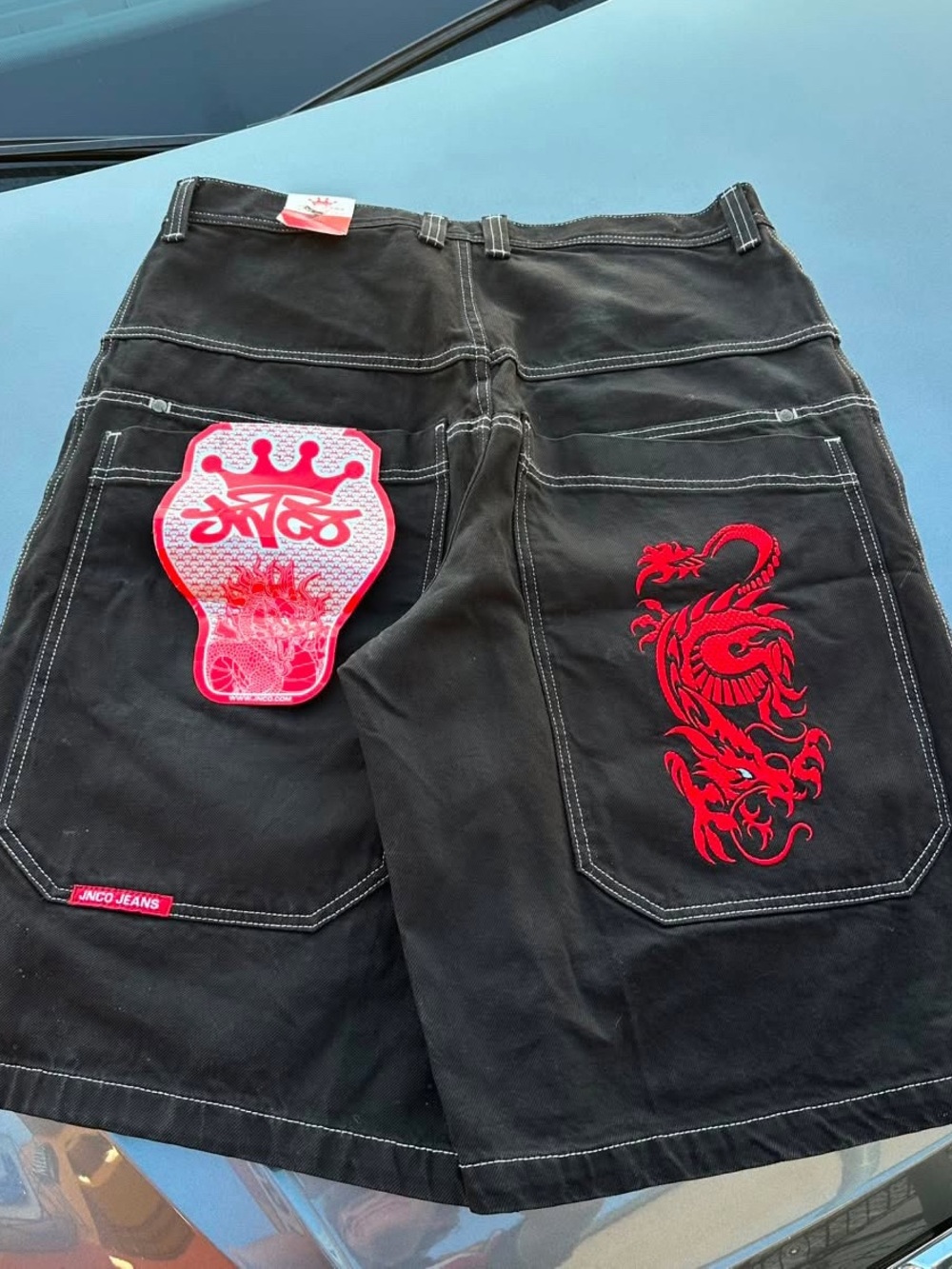 JNCO Black Shorts with Red Dragon Back Embroidery